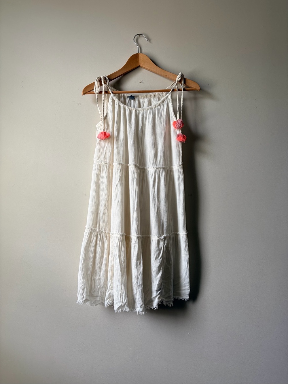 Aerie Crepette White Tiered Sundress with Pink Pom Pom Ties